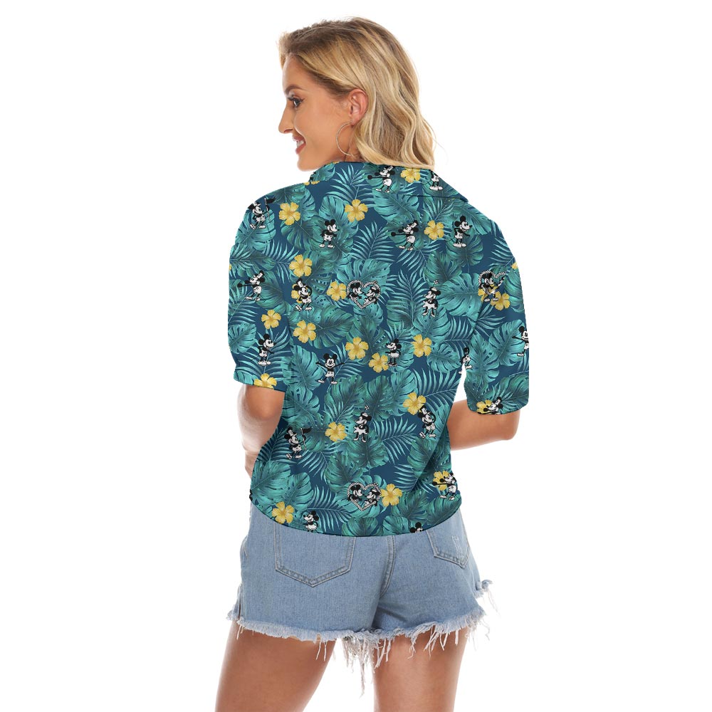 Floral Mickey Mouse Hawaiian Cropped Shirt For Women Steamboat Willie