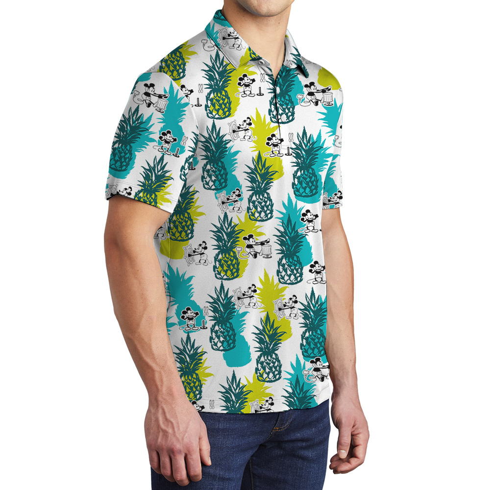 Vintage Pineapple Steamboat Willie Mickey Hawaiian Polo Shirt