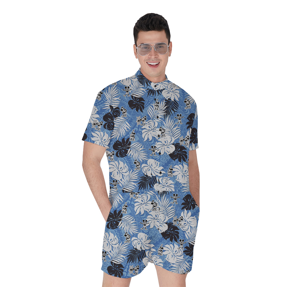 Blue Vintage Patterns Mickey Steamboat Willie Hawaiian Romper For Men - variant image 1