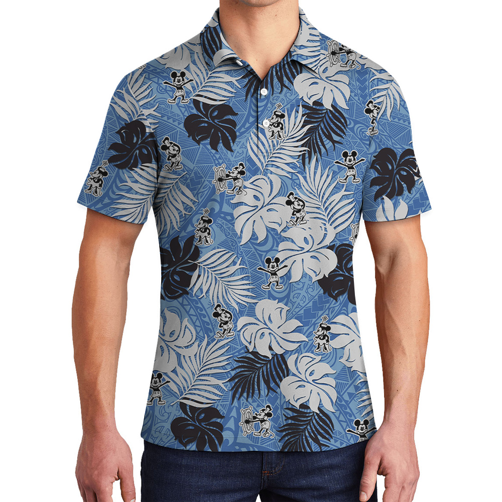 Vintage Tropical Leaves Steamboat Willie Mickey Blue Hawaiian Polo Shirt - variant image 1