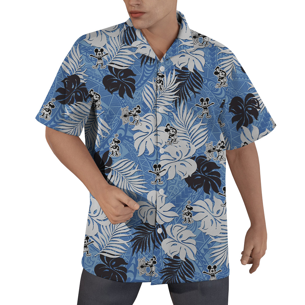Vintage Mickey Steamboat Willie Tropical Leaves Blue Hawaiian Button Up Shirt - variant image 1