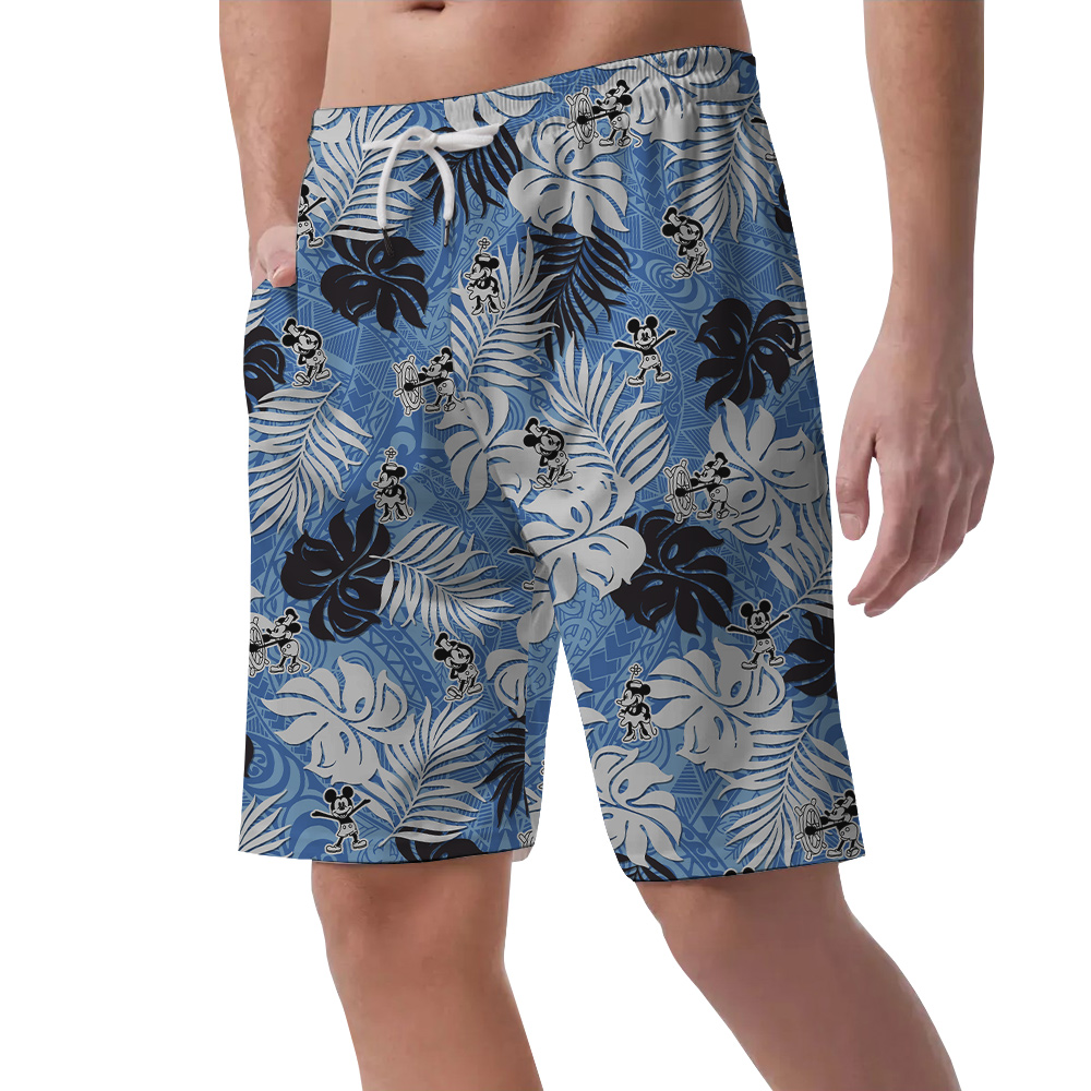 Cute Mickey Mouse Steamboat Willie Vintage Blue Men's Hawaiian Beach Shorts