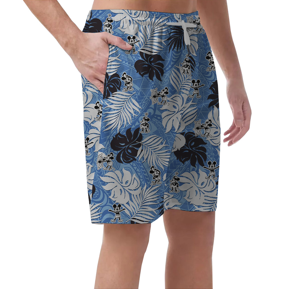 Cute Mickey Mouse Steamboat Willie Vintage Blue Men's Hawaiian Beach Shorts