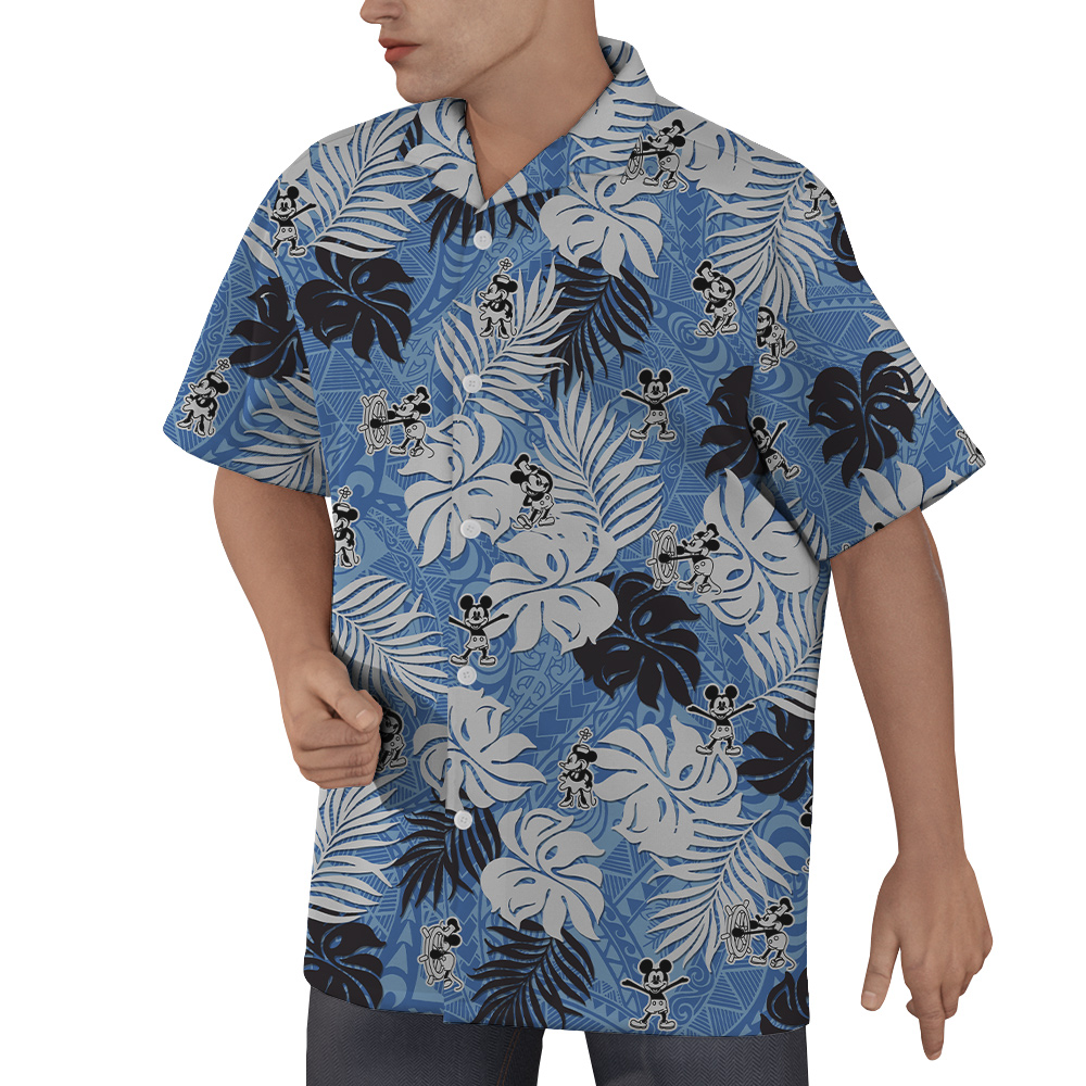 Vintage Mickey Steamboat Willie Tropical Leaves Blue Hawaiian Button Up Shirt