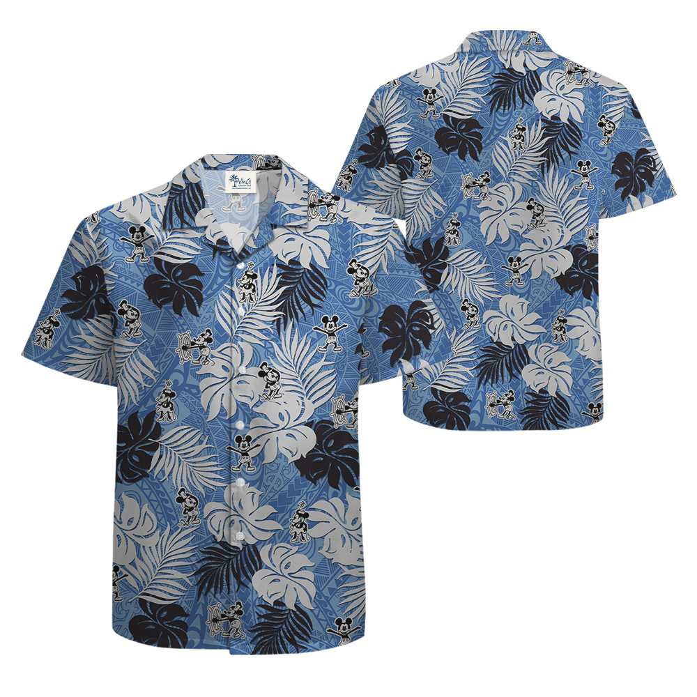 Vintage Mickey Steamboat Willie Tropical Leaves Blue Hawaiian Button Up Shirt