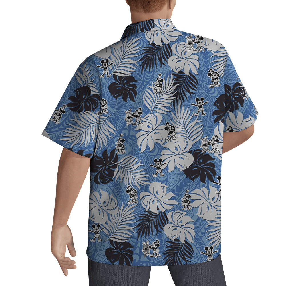 Vintage Mickey Steamboat Willie Tropical Leaves Blue Hawaiian Button Up Shirt
