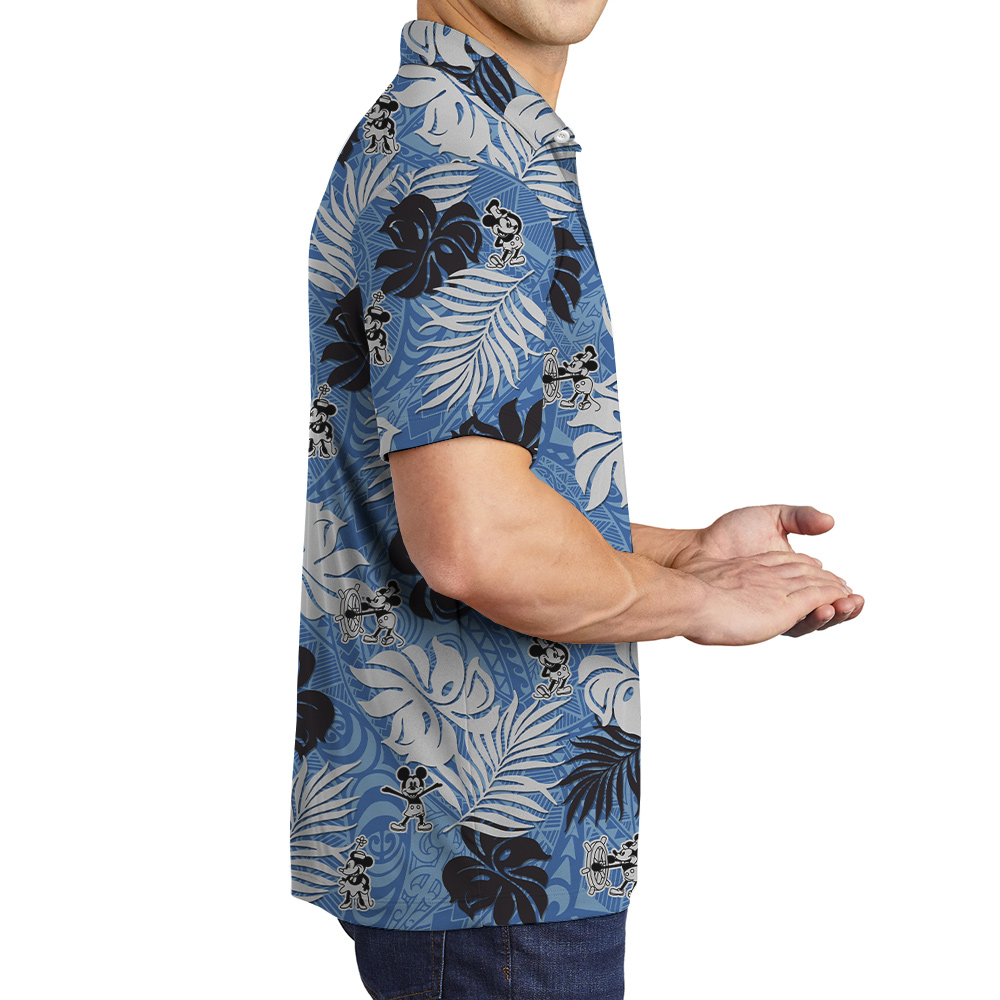 Vintage Tropical Leaves Steamboat Willie Mickey Blue Hawaiian Polo Shirt