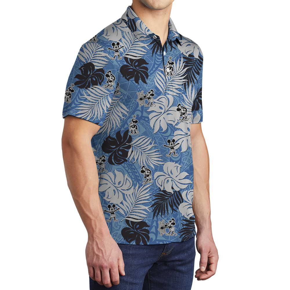 Vintage Tropical Leaves Steamboat Willie Mickey Blue Hawaiian Polo Shirt