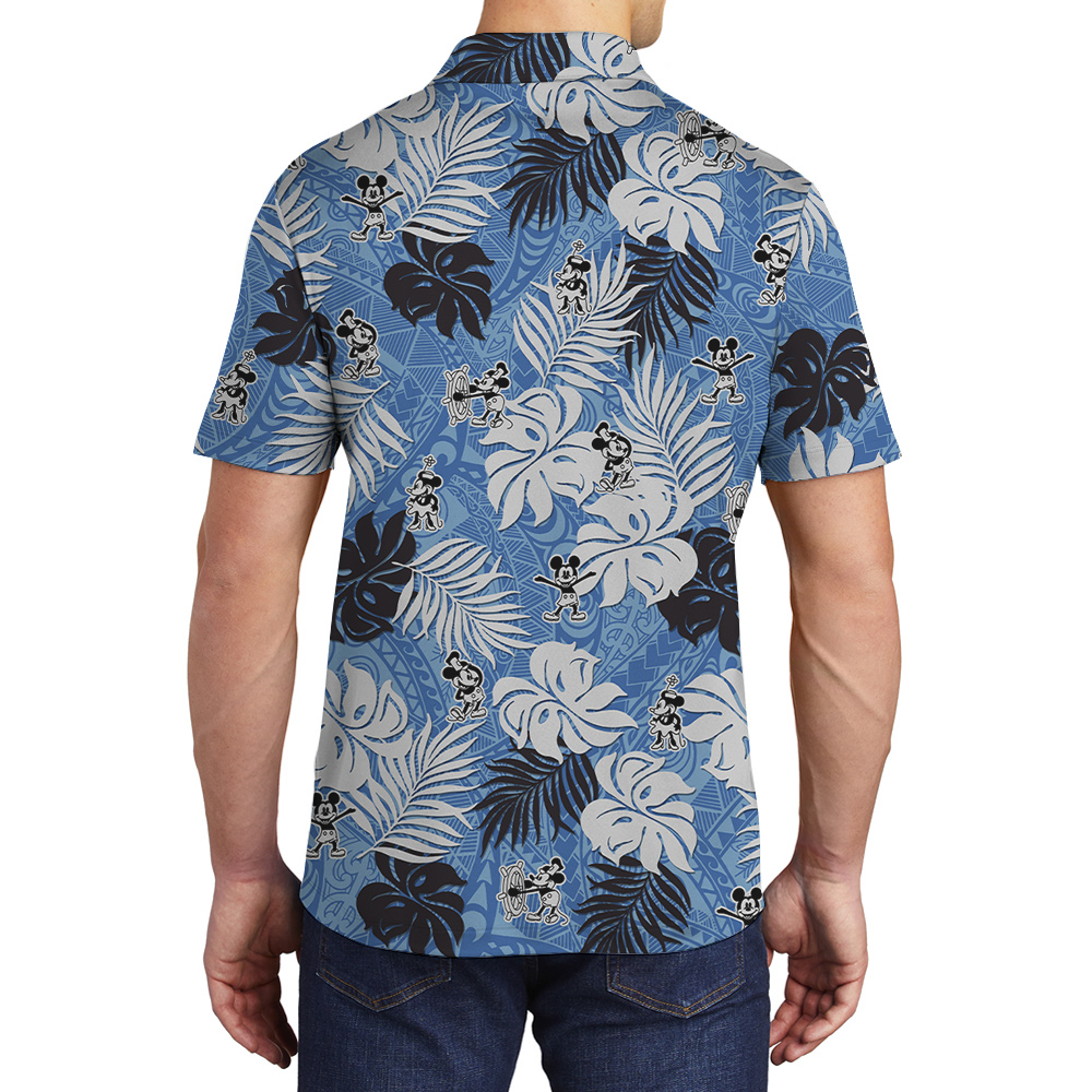 Vintage Tropical Leaves Steamboat Willie Mickey Blue Hawaiian Polo Shirt
