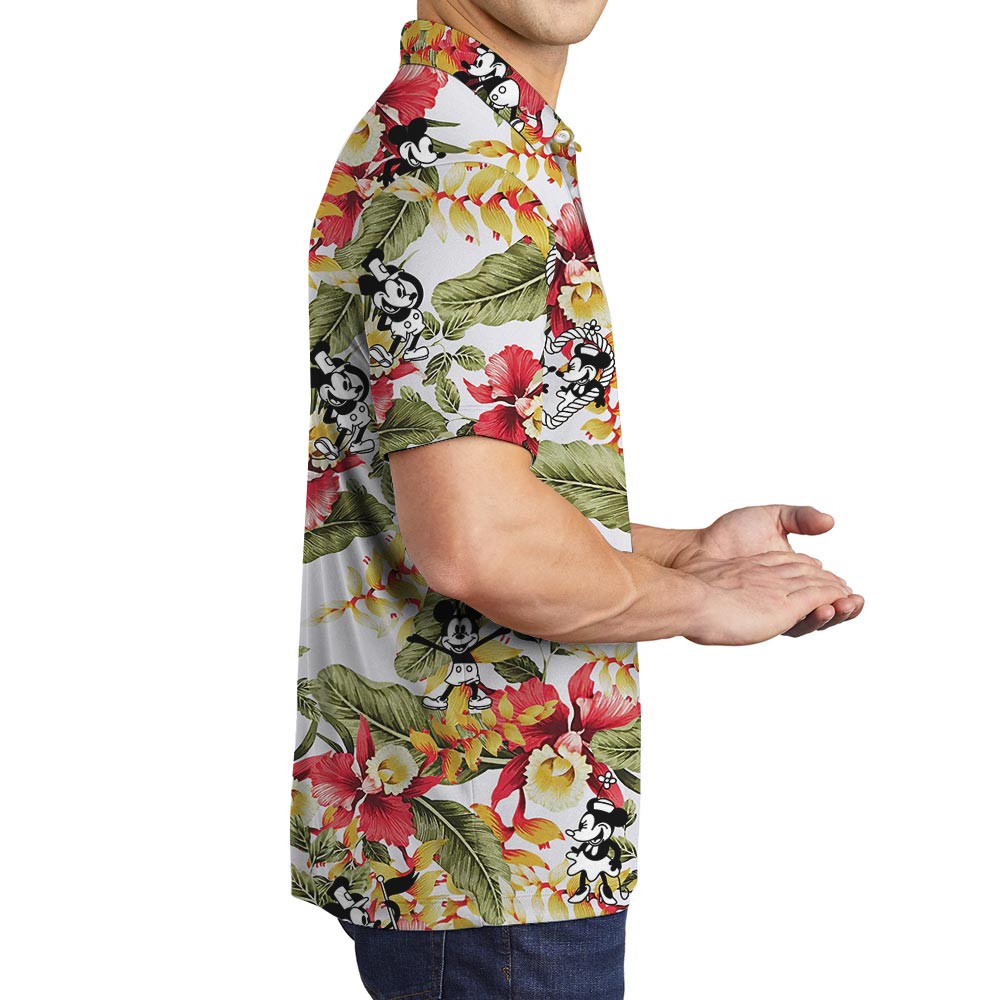 Men's Hawaiian Polo Shirt With Steamboat Willie Mickey Minnie