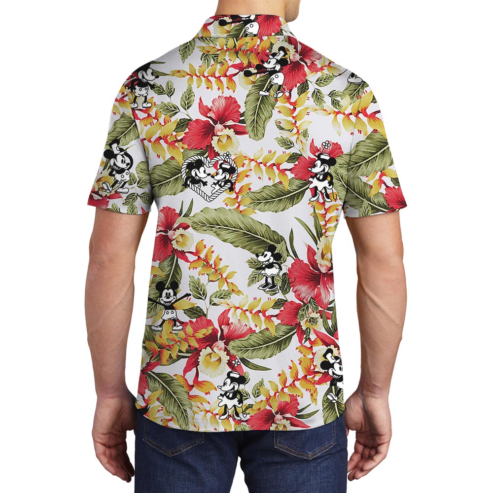 Men's Hawaiian Polo Shirt With Steamboat Willie Mickey Minnie