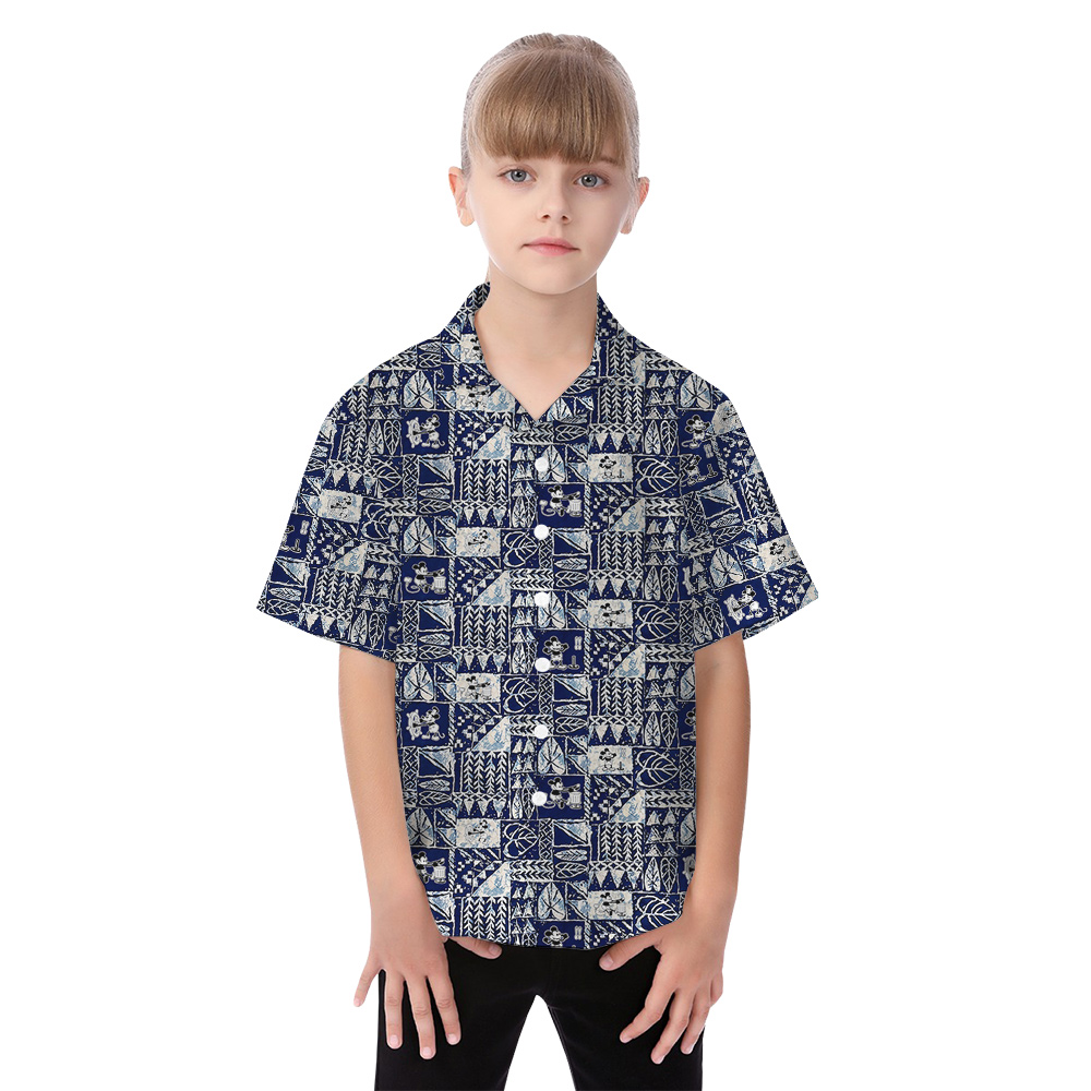 Cute Mickey Steamboat Willie Vintage Tapa Navy Matching Hawaiian Outfits For Family