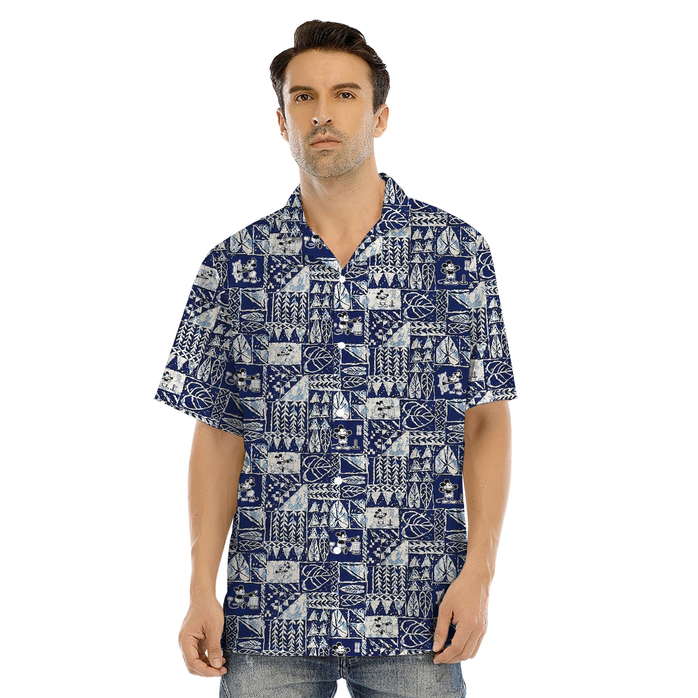 Cute Mickey Steamboat Willie Vintage Tapa Navy Matching Hawaiian Outfits For Family