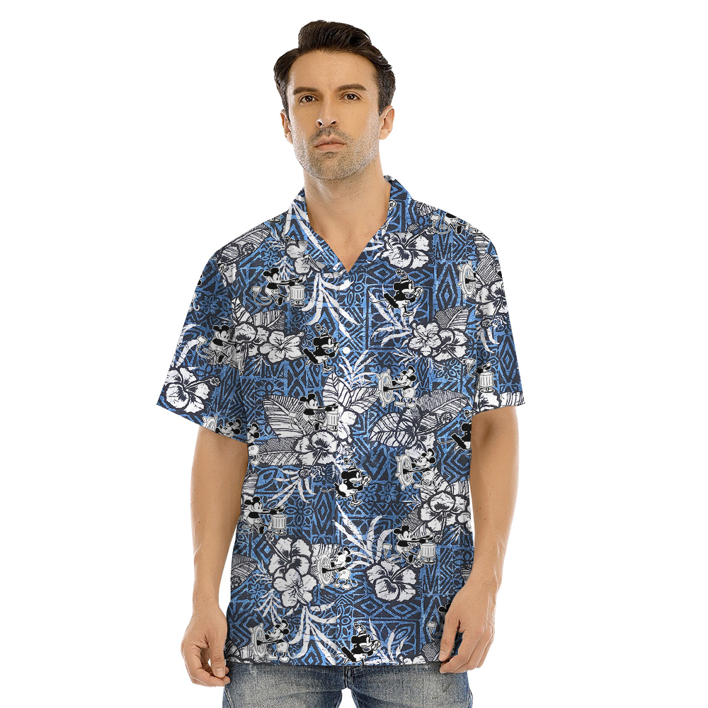Cute Mickey Steamboat Willie Movie Vintage Hibiscus Navy Matching Family Hawaiian Outfits
