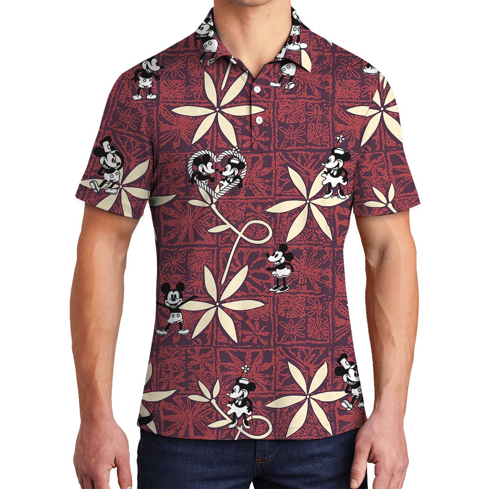 Vintage Red Hawaiian Polo Shirt Mickey Minnie Steamboat Willie - variant image 1