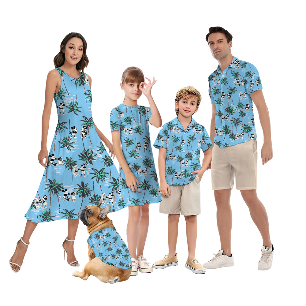 Cute Mickey Mouse Steamboat Willie Movie Tropical Palm Trees Blue Matching Hawaiian Outfits For Family - variant image 1