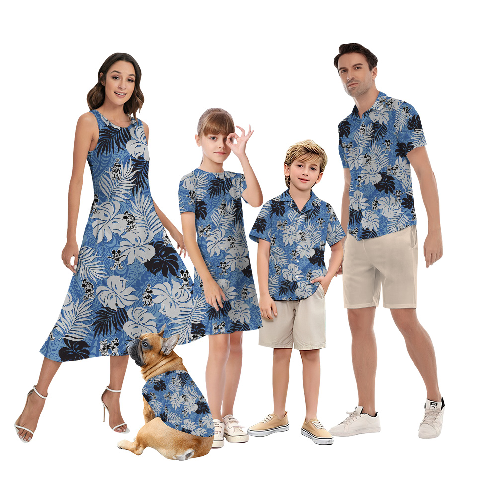 Steamboat Willie Mickey Vintage Tropical Leaves Blue Matching Hawaiian Outfits For Family - variant image 1
