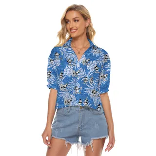 Vintage Tropical Mickey Mouse Steamboat Willie Blue Hawaiian Crop Top Shirt