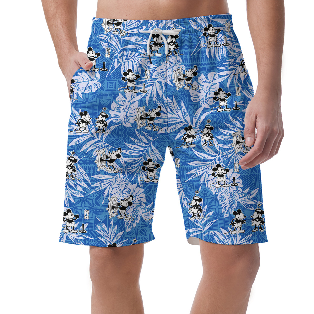 Vintage Mickey Steamboat Willie Tropical Blue Men's Hawaiian Shorts - variant image 1