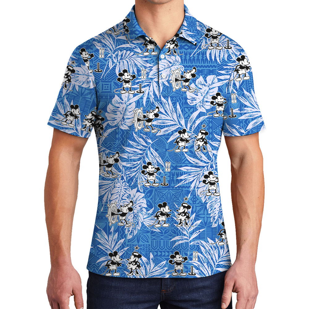 Steamboat Willie Movie Mickey Vintage Tropical Blue Hawaiian Polo Shirt - variant image 1