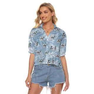 Steamboat Willie Movie Mickey Mouse Vintage Tropical Blue Hawaiian V-neck Shirt