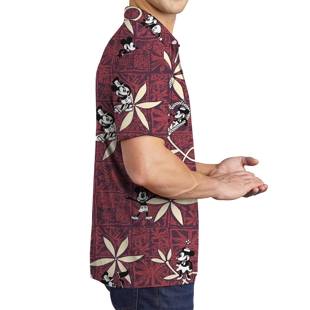 Vintage Red Hawaiian Polo Shirt Mickey Minnie Steamboat Willie