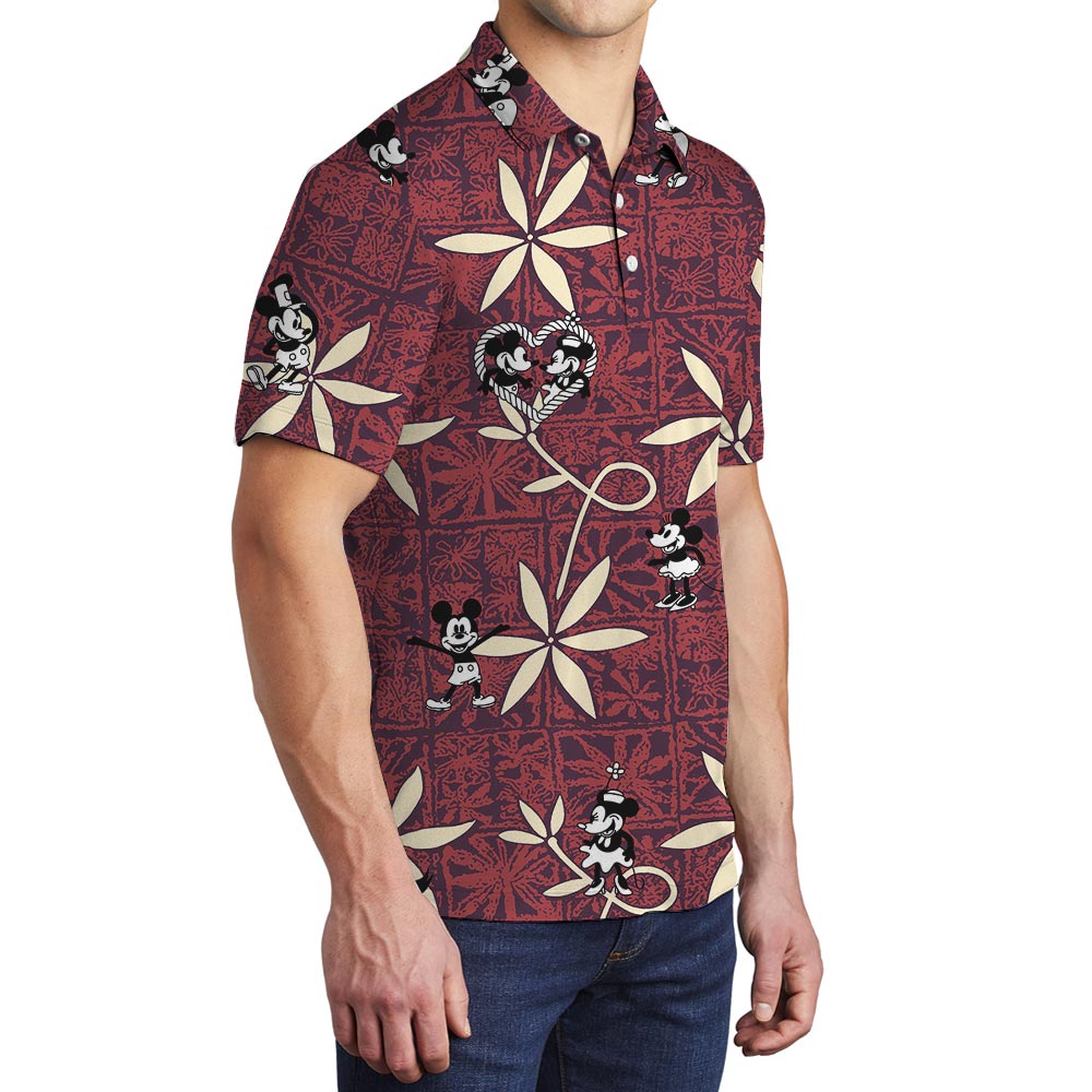 Vintage Red Hawaiian Polo Shirt Mickey Minnie Steamboat Willie