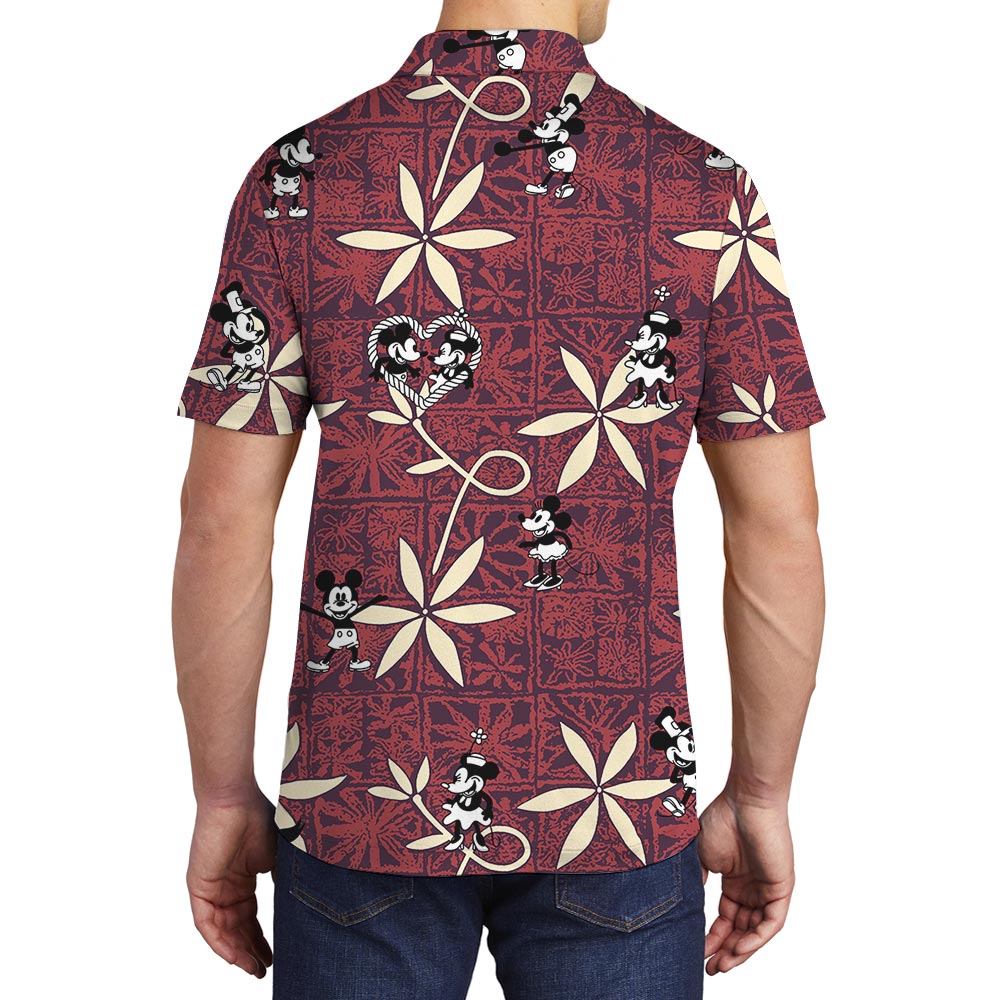 Vintage Red Hawaiian Polo Shirt Mickey Minnie Steamboat Willie