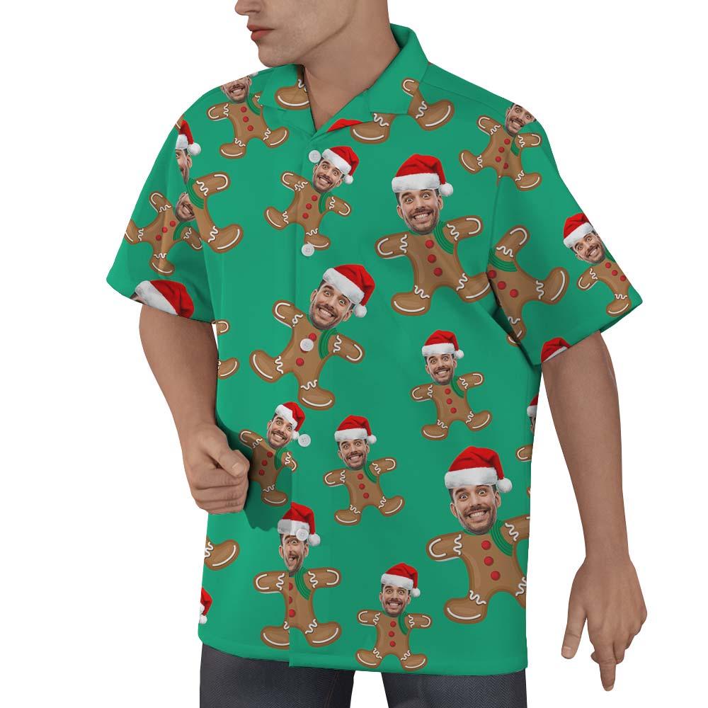 Custom Face Hawaiian Gingerbread Green Men Shirt