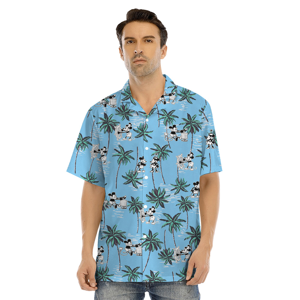 Cute Mickey Mouse Steamboat Willie Movie Tropical Palm Trees Blue Matching Hawaiian Outfits For Family