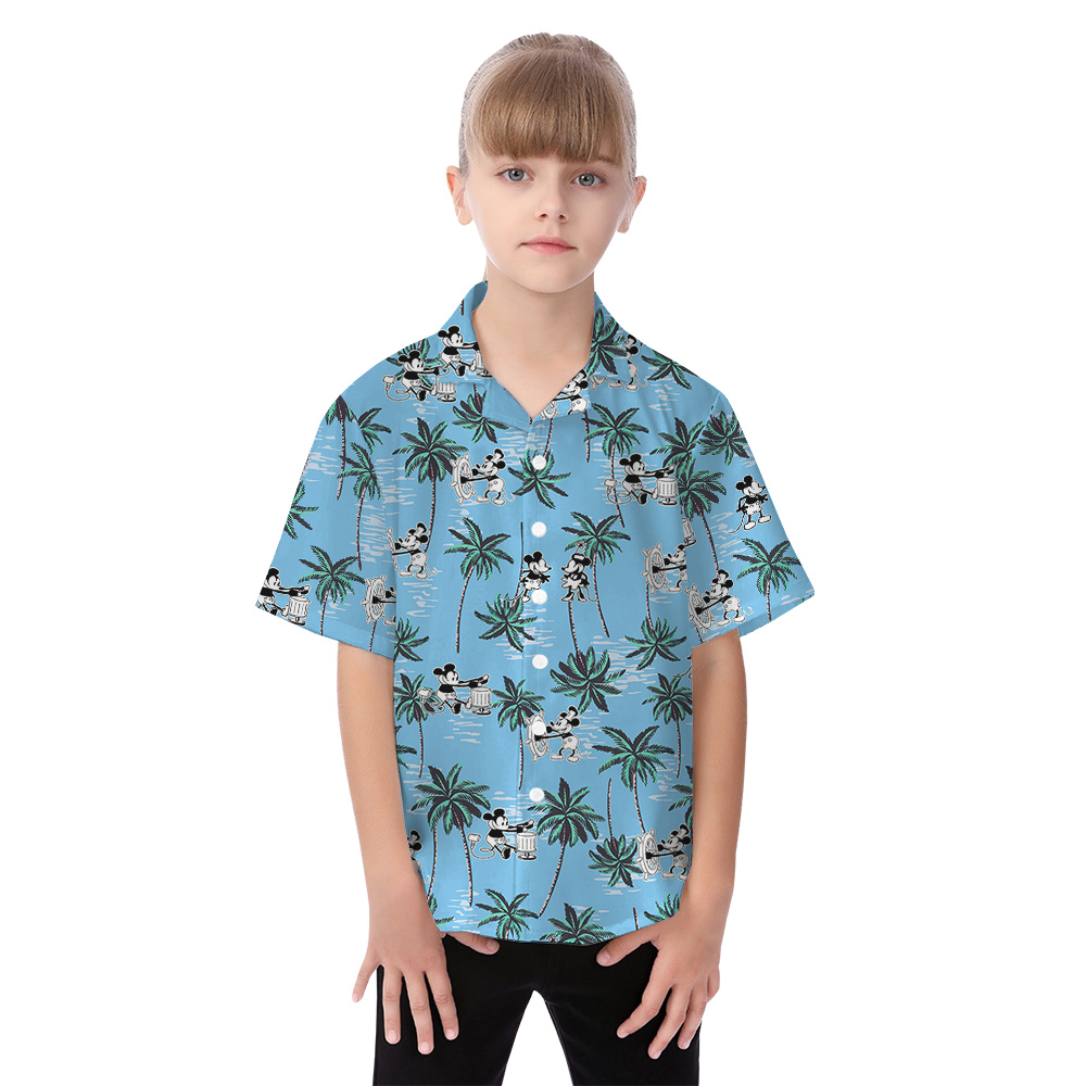 Cute Mickey Mouse Steamboat Willie Movie Tropical Palm Trees Blue Matching Hawaiian Outfits For Family