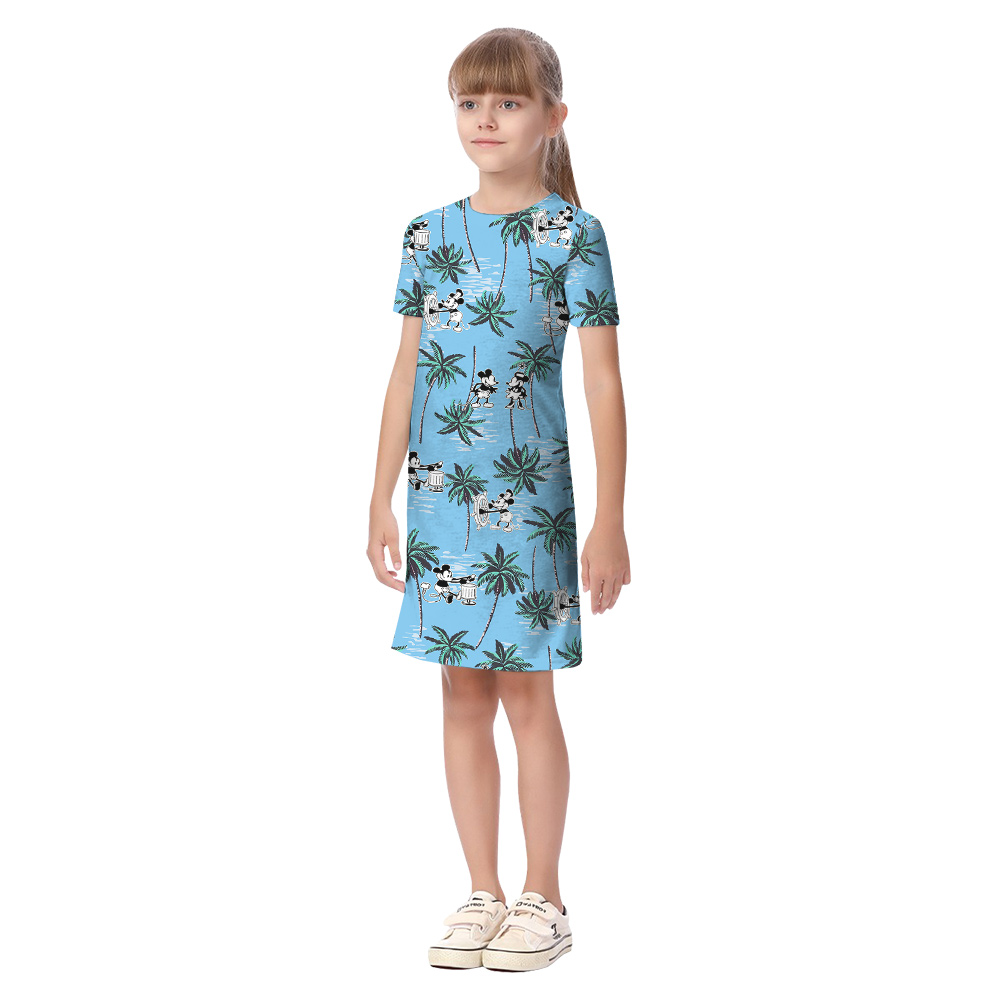 Cute Mickey Mouse Steamboat Willie Movie Tropical Palm Trees Blue Matching Hawaiian Outfits For Family