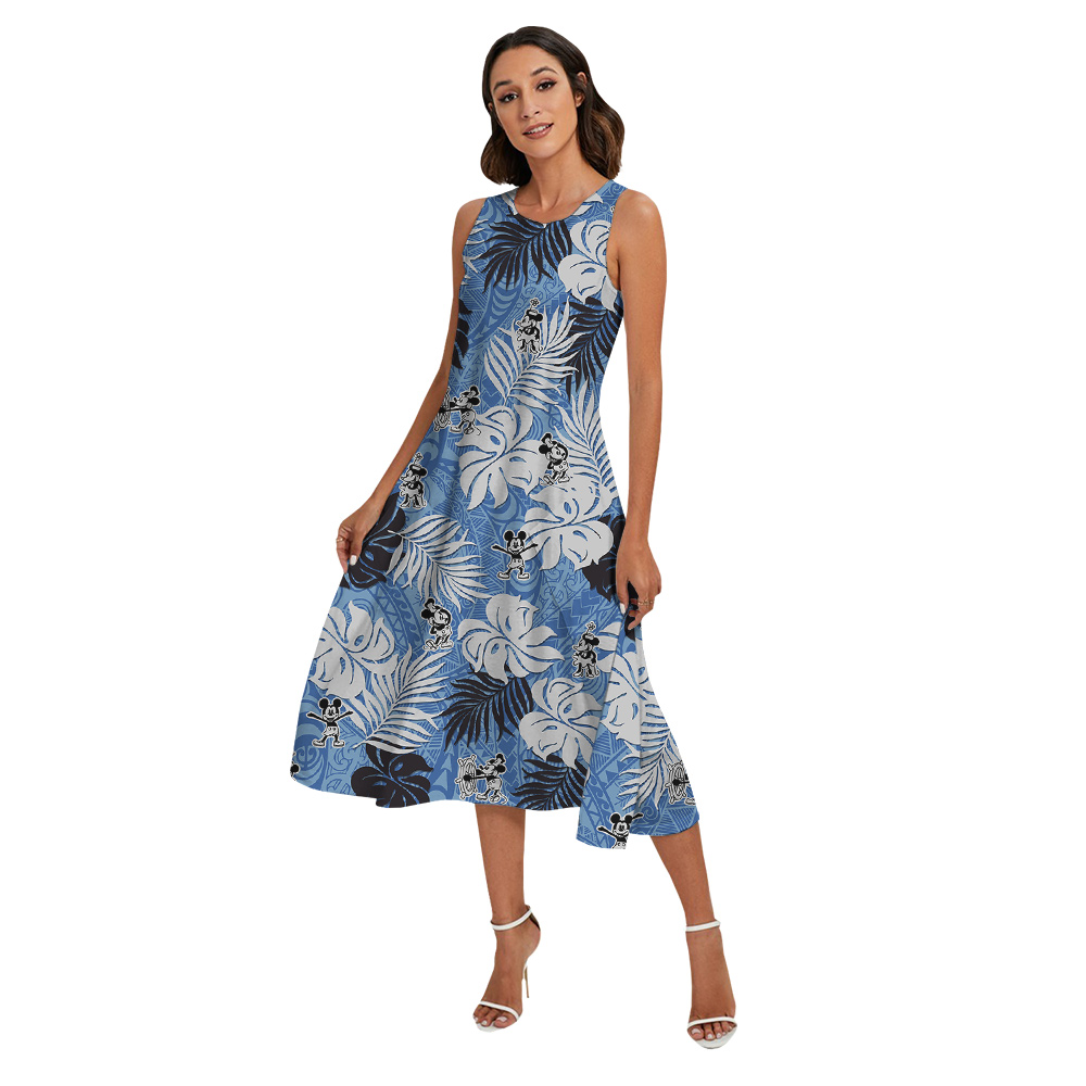 Steamboat Willie Mickey Vintage Tropical Leaves Blue Matching Hawaiian Outfits For Family