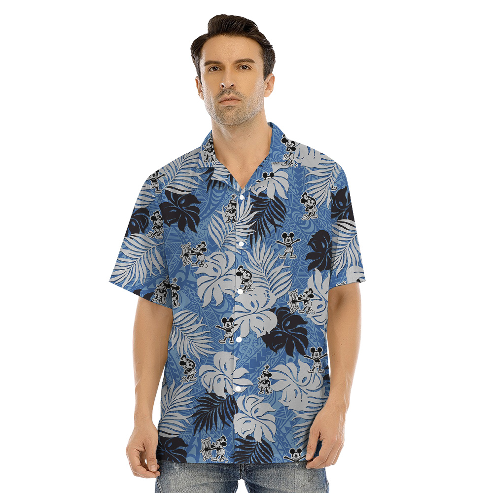 Steamboat Willie Mickey Vintage Tropical Leaves Blue Matching Hawaiian Outfits For Family
