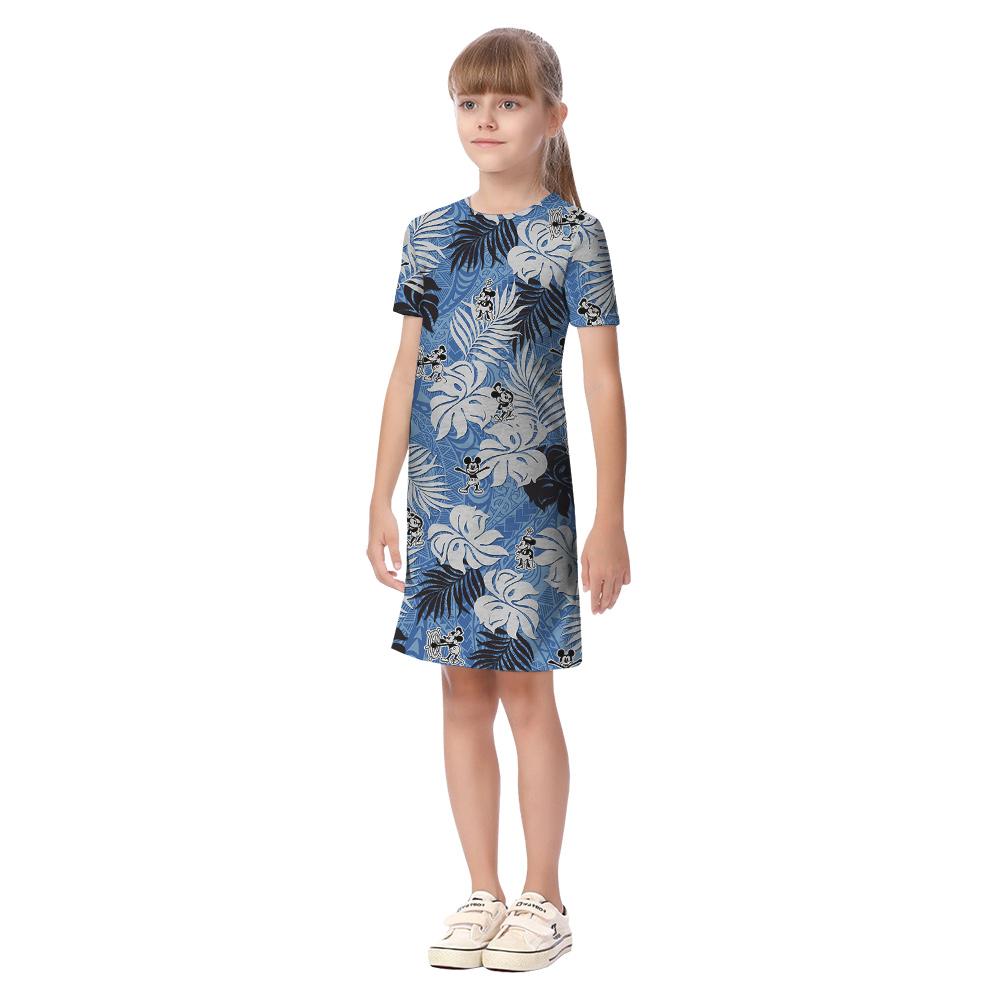 Steamboat Willie Mickey Vintage Tropical Leaves Blue Matching Hawaiian Outfits For Family