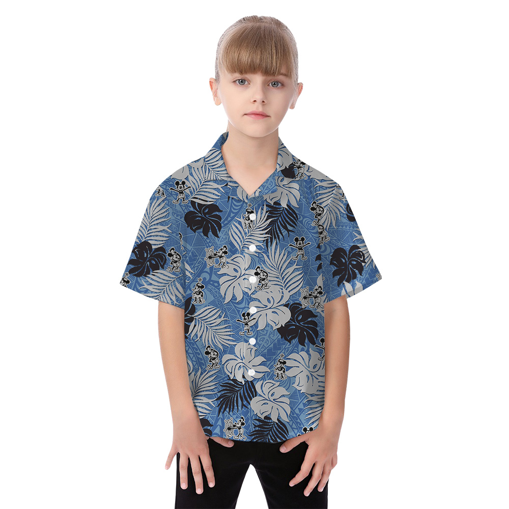 Steamboat Willie Mickey Vintage Tropical Leaves Blue Matching Hawaiian Outfits For Family
