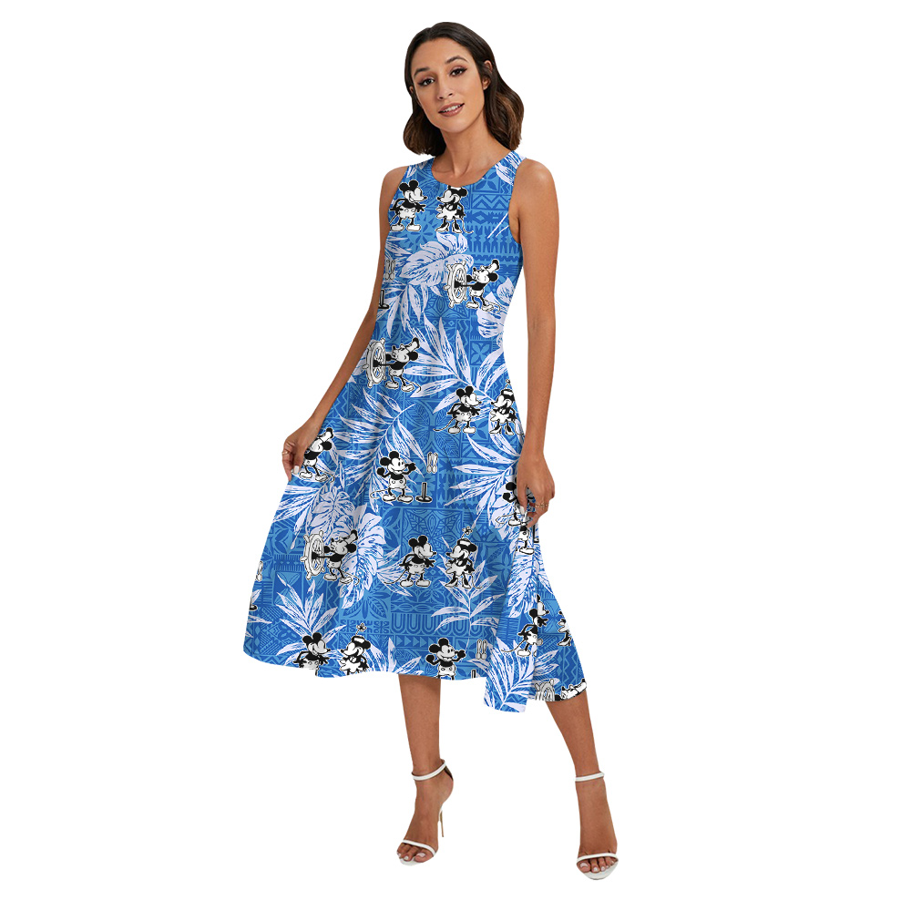 Blue Vintage Tropical Leaves Steamboat Willie Mickey Matching Family Hawaiian Outfits