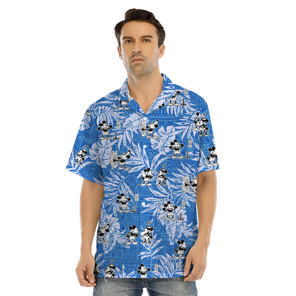 Blue Vintage Tropical Leaves Steamboat Willie Mickey Matching Family Hawaiian Outfits