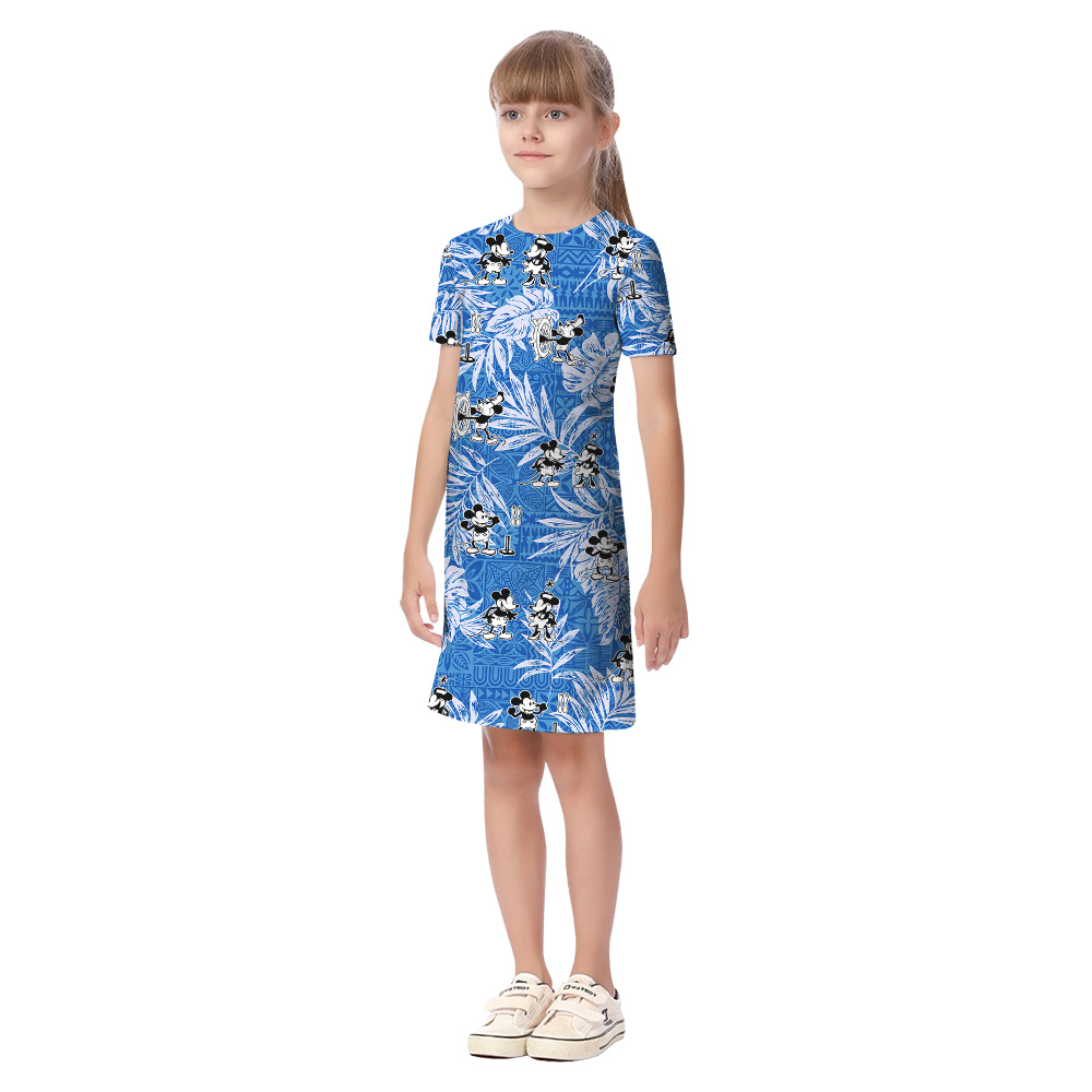 Blue Vintage Tropical Leaves Steamboat Willie Mickey Matching Family Hawaiian Outfits