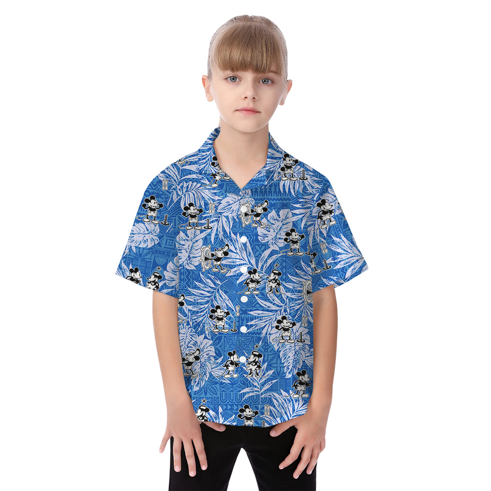 Blue Vintage Tropical Leaves Steamboat Willie Mickey Matching Family Hawaiian Outfits