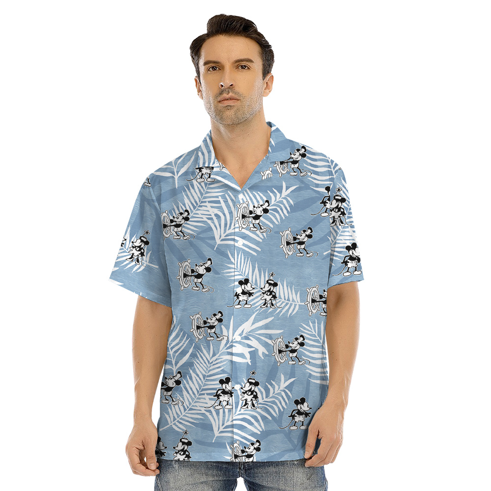 Cute Mickey Steamboat Willie Movie Blue Matching Hawaiian Outfits For Family