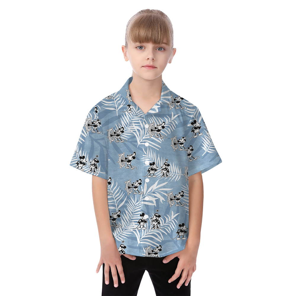 Cute Mickey Steamboat Willie Movie Blue Matching Hawaiian Outfits For Family