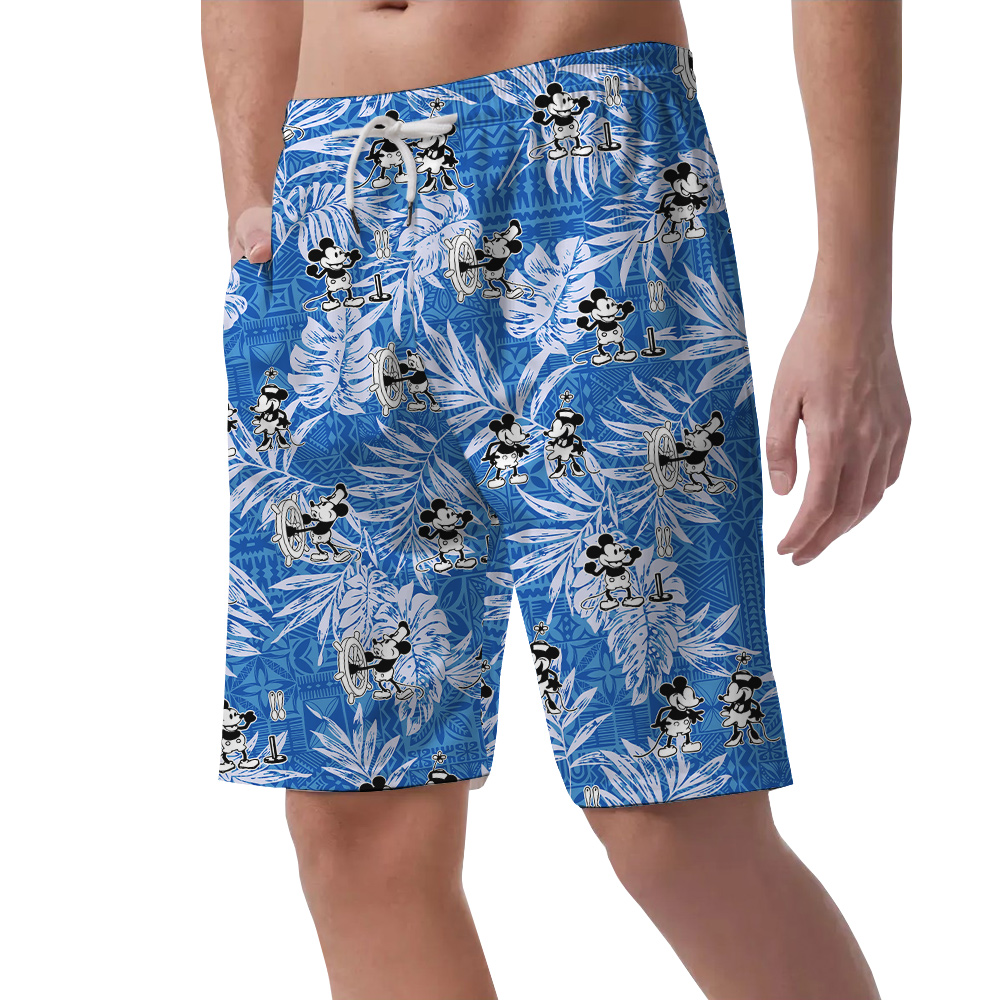 Vintage Mickey Steamboat Willie Tropical Blue Men's Hawaiian Shorts