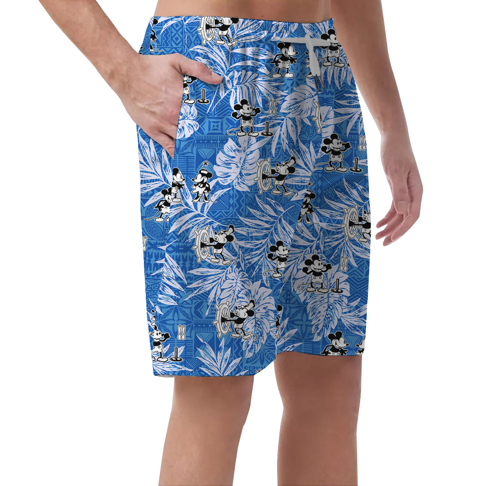 Vintage Mickey Steamboat Willie Tropical Blue Men's Hawaiian Shorts