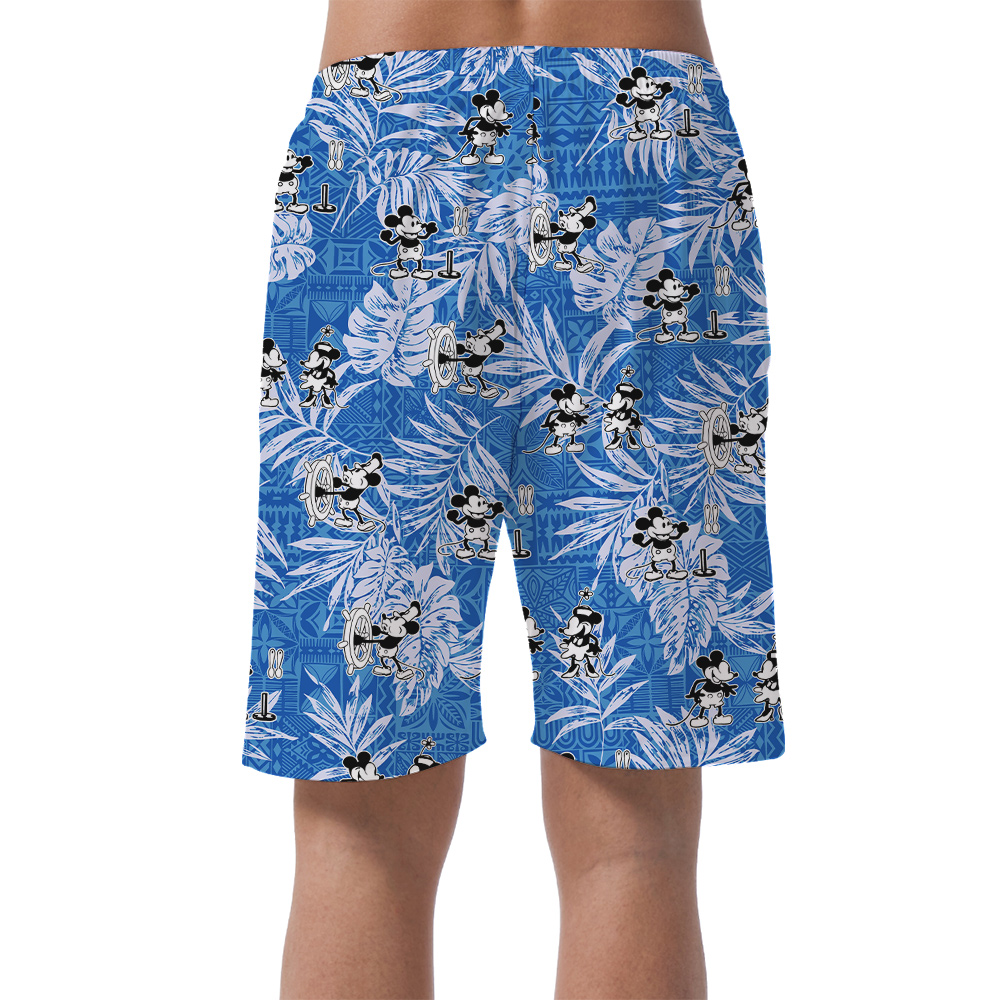 Vintage Mickey Steamboat Willie Tropical Blue Men's Hawaiian Shorts