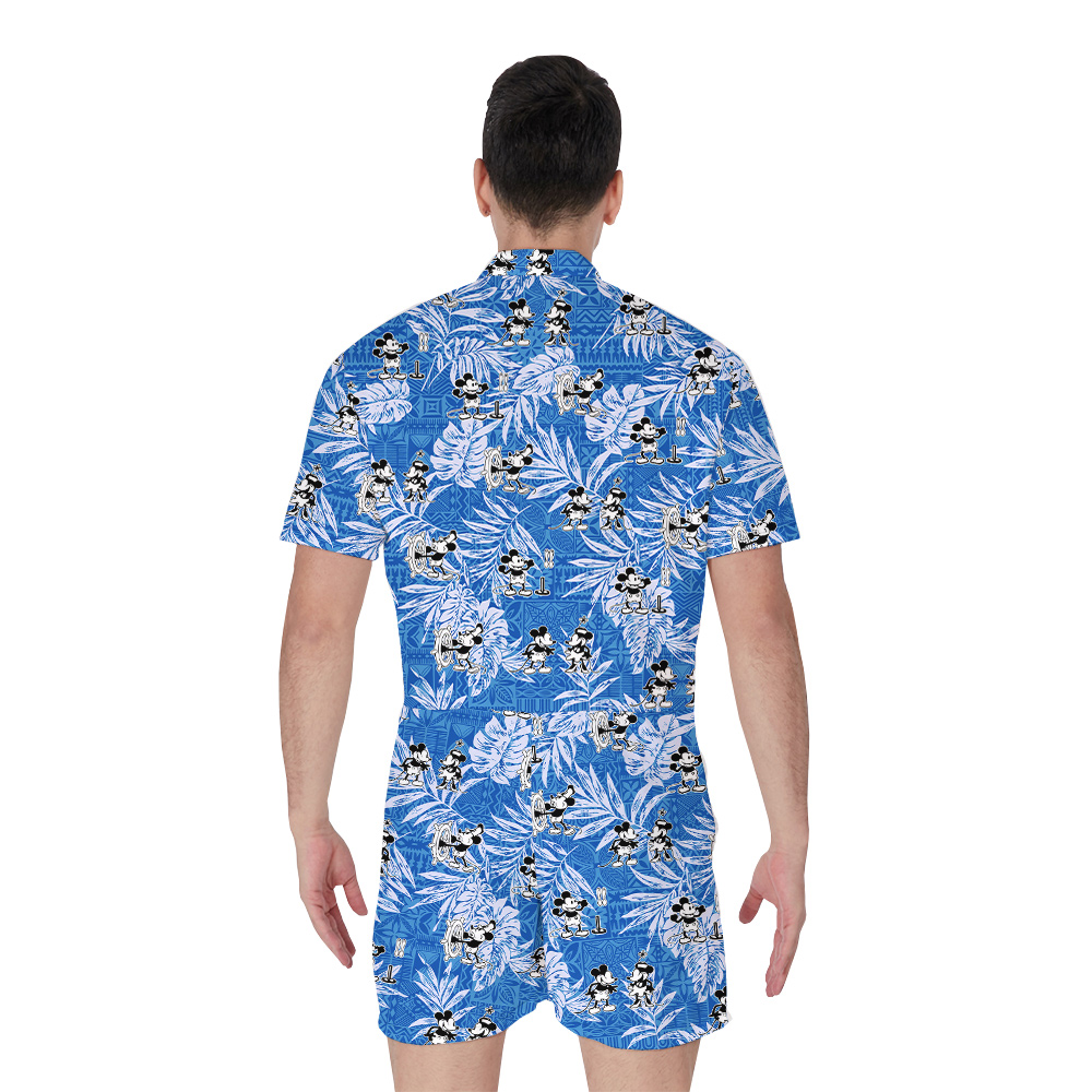 Cute Mickey Steamboat Willie Movie Tropical Vintage Blue Hawaiian Romper For Men