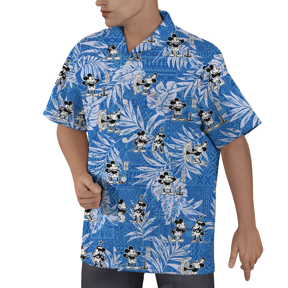 Cute Mickey Steamboat Willie Movie Vintage Tropical Blue Hawaiian Shirt