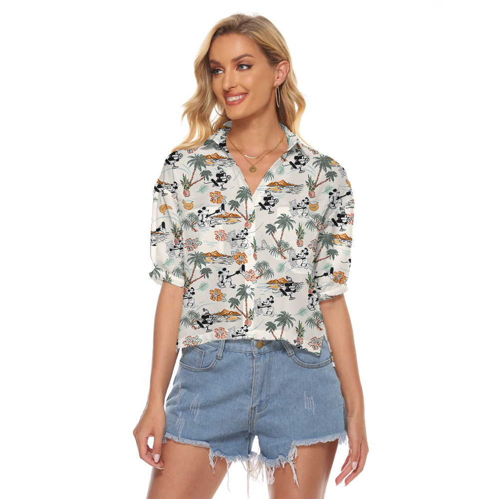 Cute Mickey Minnie Steamboat Willie Tropical Islands Hawaiian V-Neck Shirt - variant image 1