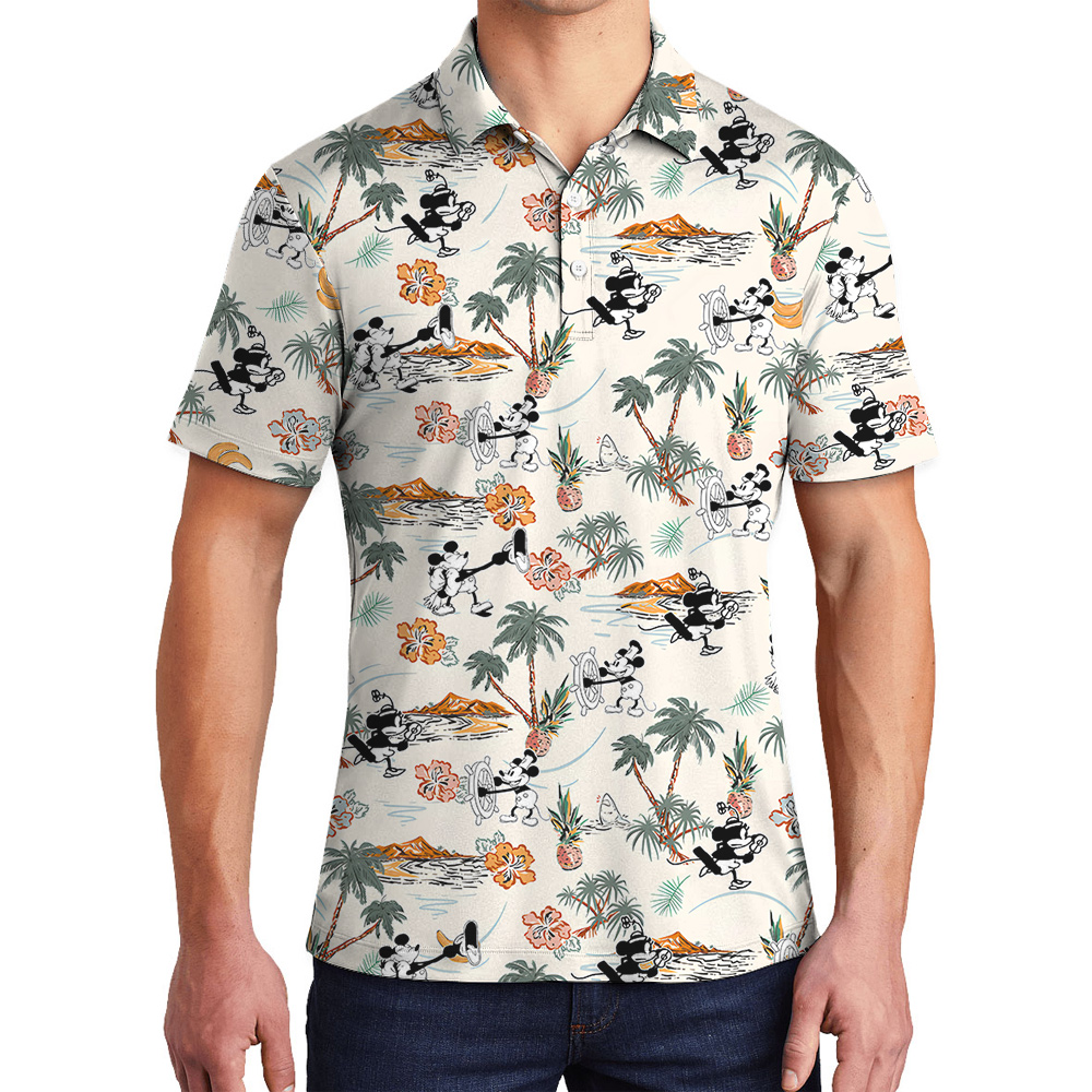 Steamboat Willie Mickey Minnie Tropical Islands Hawaiian Polo Shirt - variant image 1