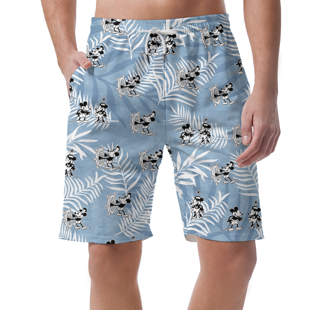 Cute Mickey Steamboat Willie 1928 Vintage Blue Hawaiian Beach Shorts For Men - variant image 1